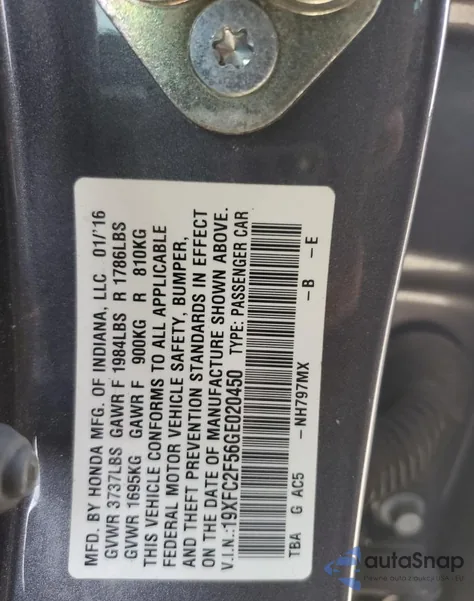 2016 Honda Civic Lx z USA, uszkodzony, nr VIN 19XFC2F56GE020450